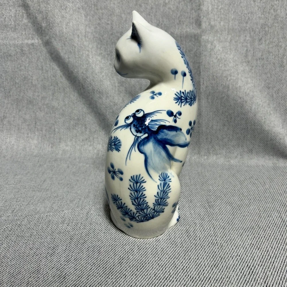 Blue White Porcelain Cat Figurine 8.5
